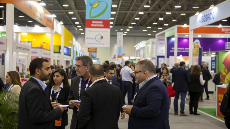 A bustling trade show with various booths and attendees in business attire