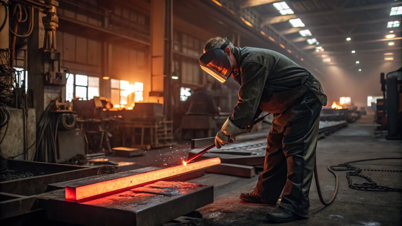 A metallurgist working on glowing red steel in a workshop